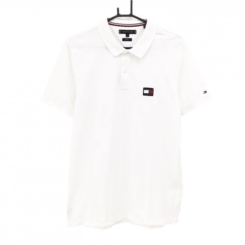 【美品】トミーヒルフィガー 半袖ポロシャツ 白×ネイビー×レッド 胸ロゴ SLIM FIT メンズ L ゴルフウェア Tommy Hilfiger Golf