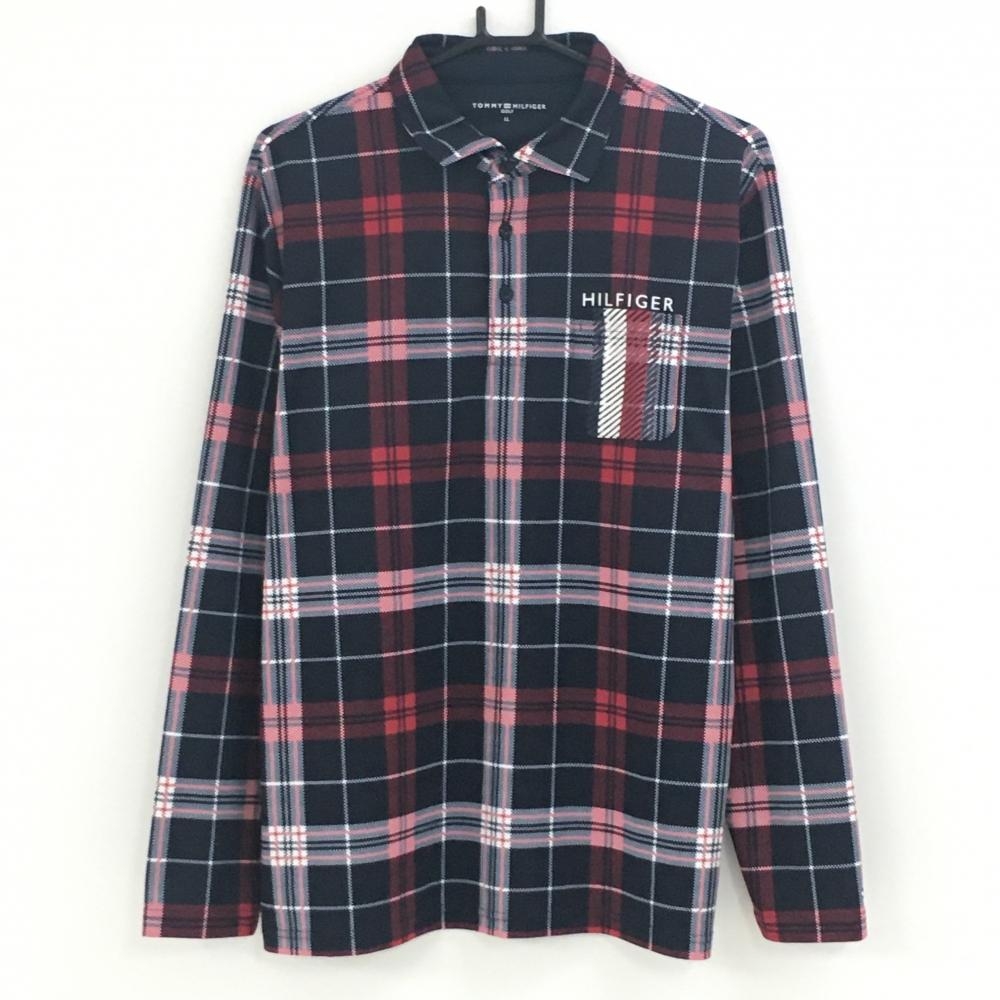 トミーヒルフィガー 長袖ポロシャツ レッド×ネイビー チェック ロゴ  メンズ LL ゴルフウェア Tommy Hilfiger Golf