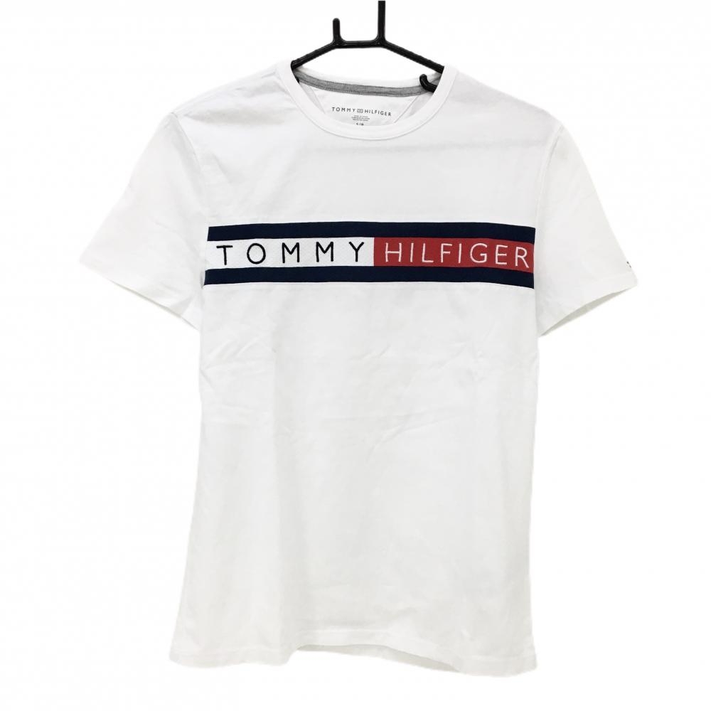 【超美品】トミーヒルフィガー 半袖Tシャツ 白×ネイビー 胸元ロゴライン メンズ S/P ゴルフウェア Tommy Hilfiger Golf