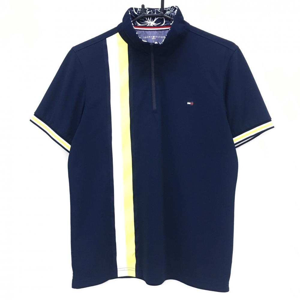 トミーヒルフィガーゴルフ 半袖ハイネックシャツ ネイビー×白 ハーフジップ 袖口ライン メンズ L ゴルフウェア Tommy Hilfiger Golf