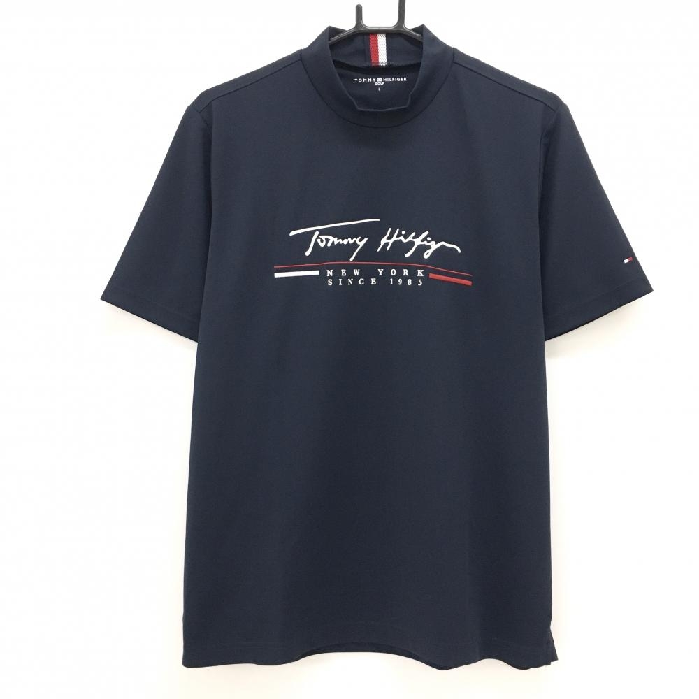 【超美品】トミーヒルフィガーゴルフ 半袖ハイネックシャツ ネイビー×白 ロゴプリント メンズ L ゴルフウェア Tommy Hilfiger Golf