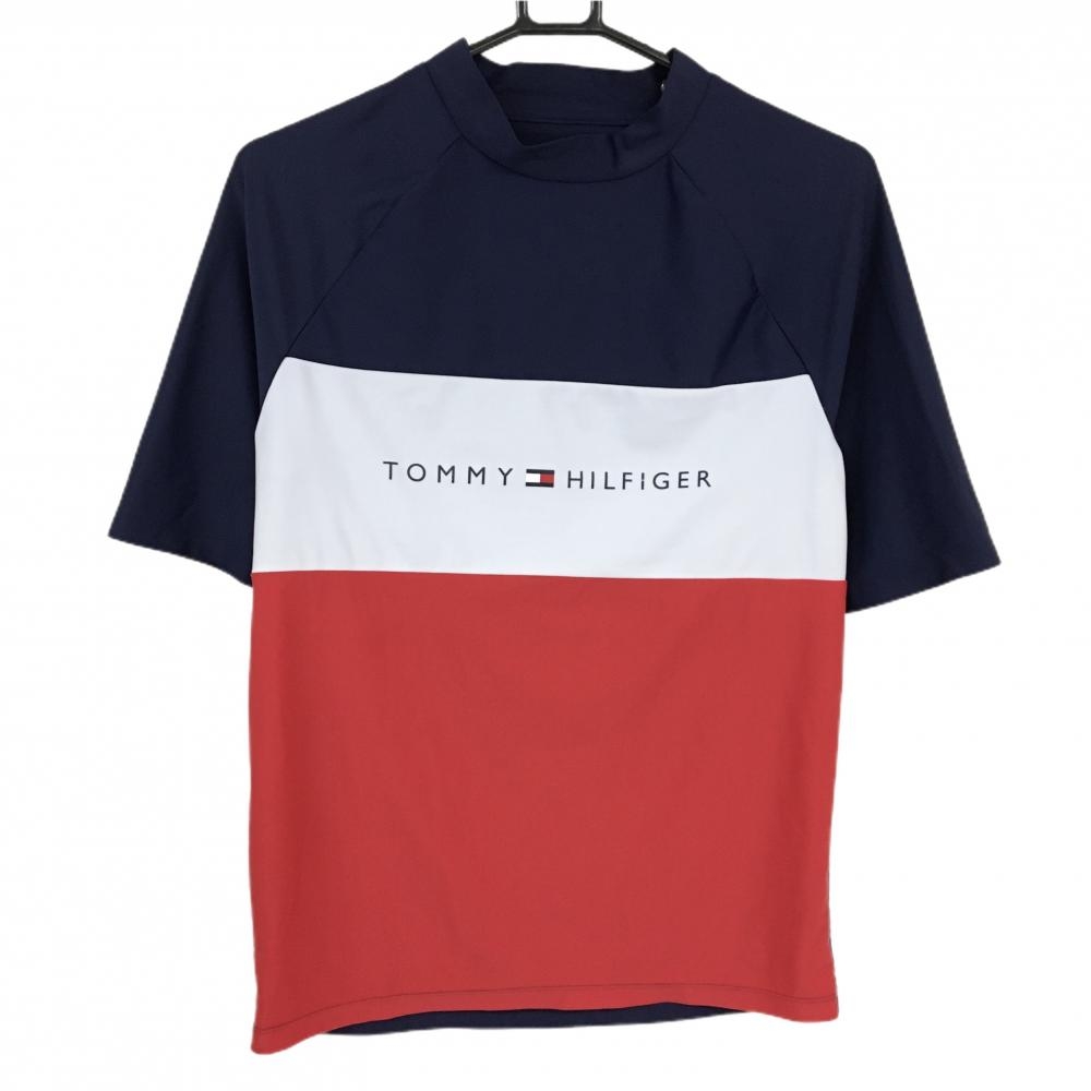 トミーヒルフィガー 半袖ハイネックシャツ ネイビー×白 フロントロゴ ストレッチ メンズ S/P ゴルフウェア Tommy Hilfiger Golf