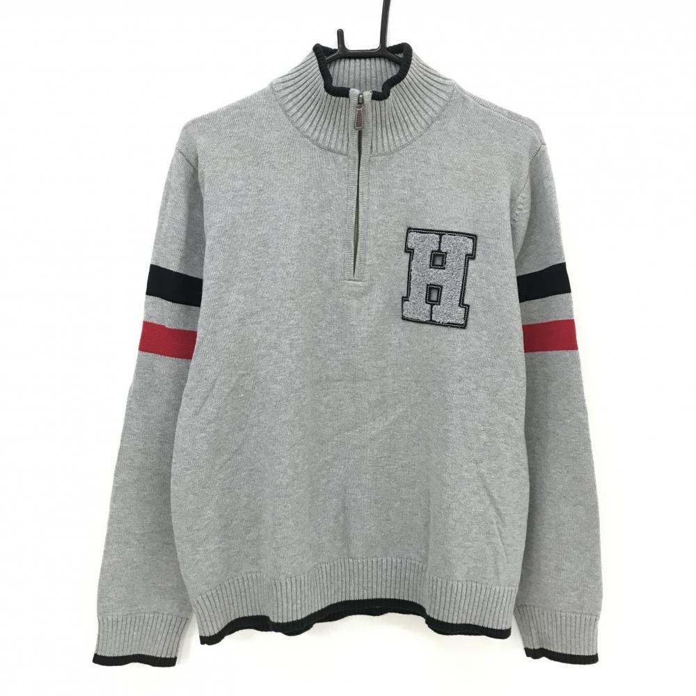 トミーヒルフィガー セーター グレー×黒 コットン100% ハーフジップ  メンズ XL ゴルフウェア Tommy Hilfiger Golf