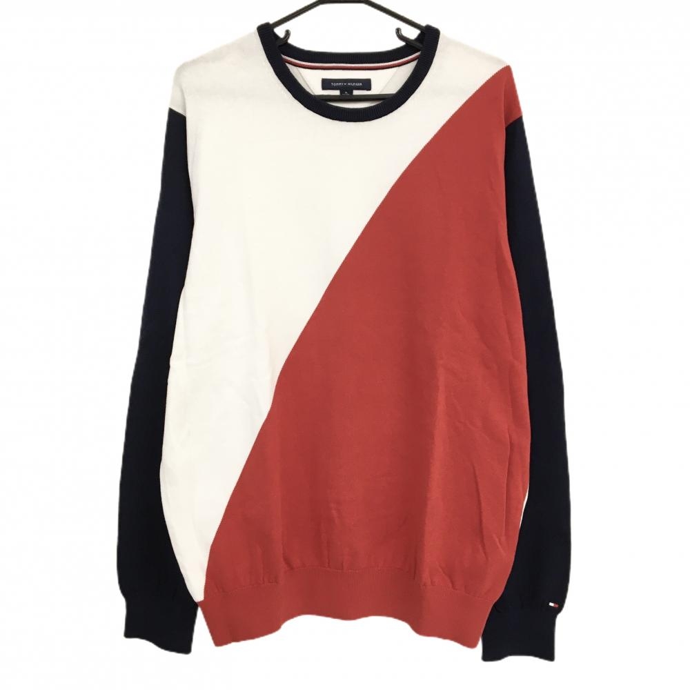 【超美品】トミーヒルフィガー セーター ネイビー×白×レッド 斜め切替 ニット メンズ XL ゴルフウェア Tommy Hilfiger Golf