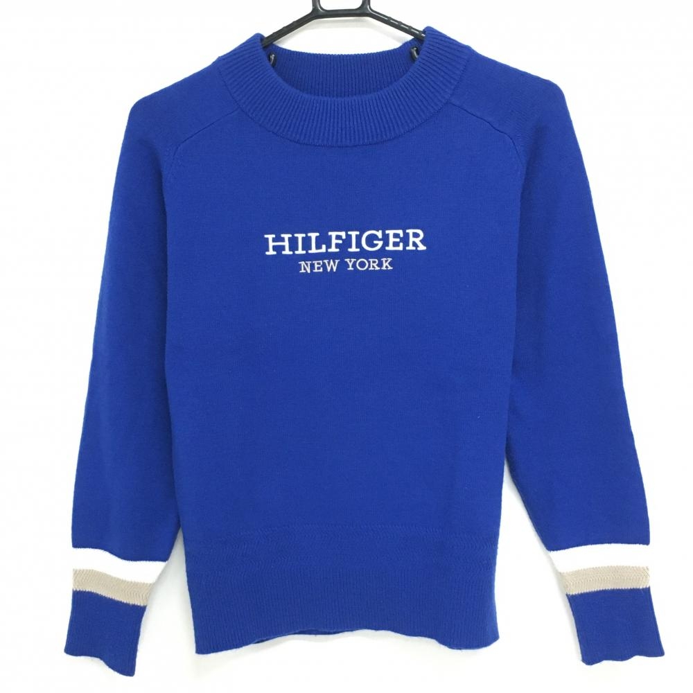 【美品】トミーヒルフィガー ハイネックセーター ブルー ロゴ白 ウール混  レディース S ゴルフウェア Tommy Hilfiger Golf