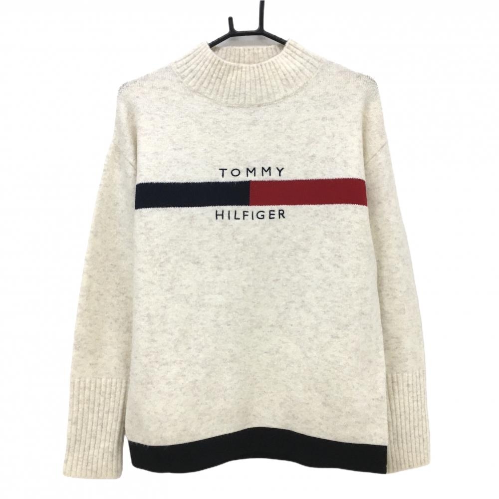 【美品】トミーヒルフィガーゴルフ ハイネックセーター 白×ネイビー×レッド ニット レディース LL ゴルフウェア Tommy Hilfiger Golf