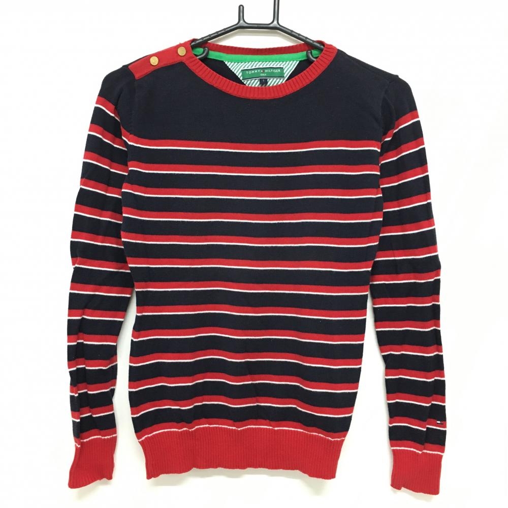 【美品】トミーヒルフィガーゴルフ セーター ネイビー×レッド×白 ボーダー レディース S ゴルフウェア Tommy Hilfiger Golf