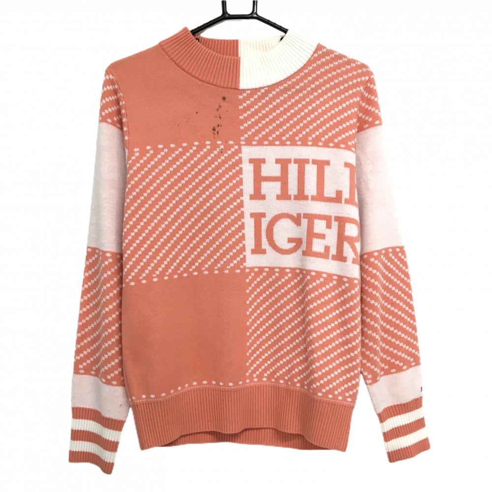 トミーヒルフィガー セーター サーモンピンク×白 一部柄 フロントロゴ ウール混 ニット レディース M ゴルフウェア Tommy Hilfiger Golf