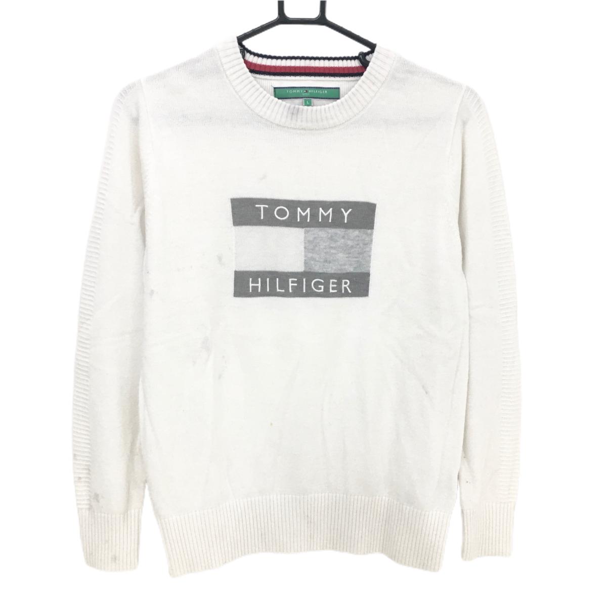 トミーヒルフィガーゴルフ セーター 白×グレー フロントロゴ ニット レディース L ゴルフウェア Tommy Hilfiger Golf