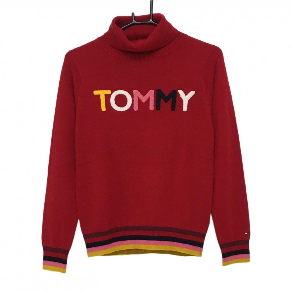 【美品】トミーヒルフィガー ハイネックセーター レッド×白 フロントロゴ  レディース M ゴルフウェア Tommy Hilfiger Golf