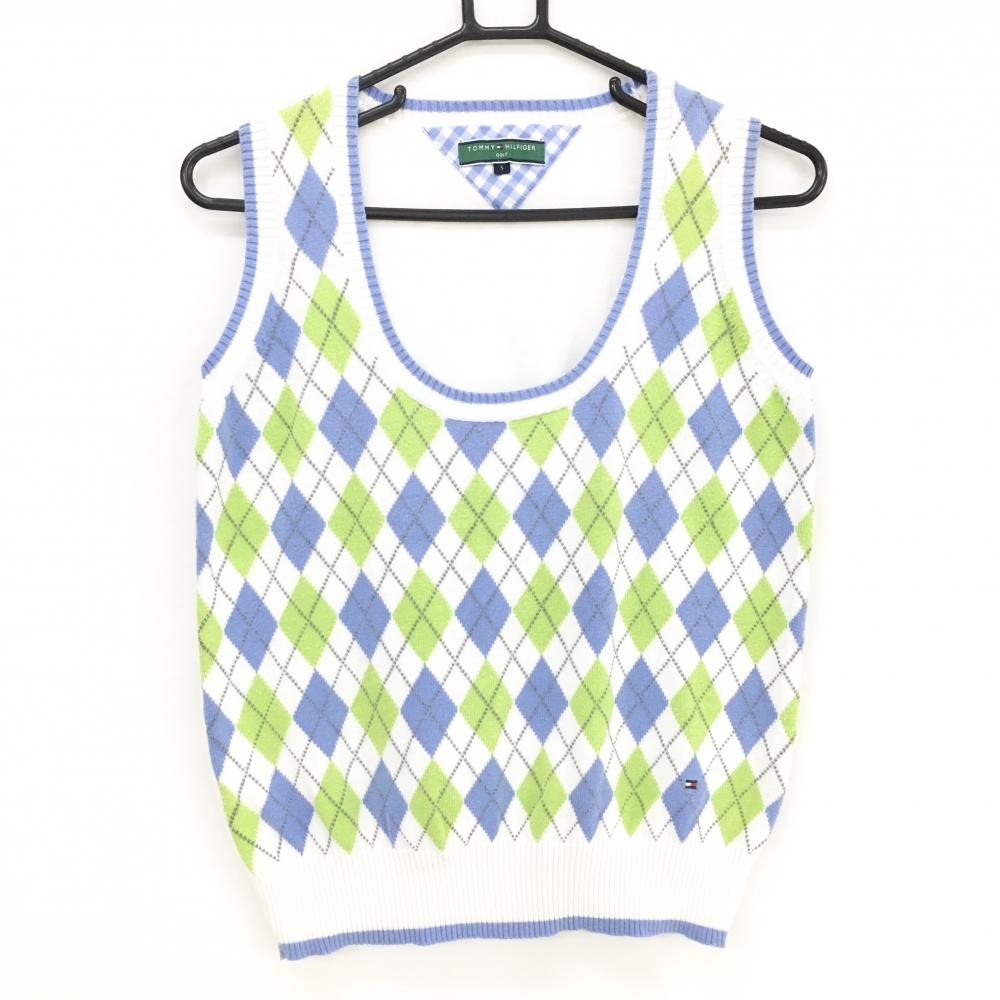 トミーヒルフィガーゴルフ ニットベスト 白×ブルー系×グリーン系 前アーガイル 綿100％  レディース S ゴルフウェア Tommy Hilfiger Golf