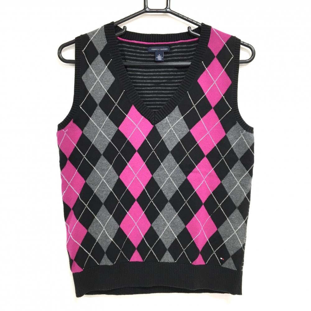 【美品】トミーヒルフィガー ニットベスト 黒×グレー×ピンク アーガイル柄 Vネック レディース M ゴルフウェア Tommy Hilfiger Golf