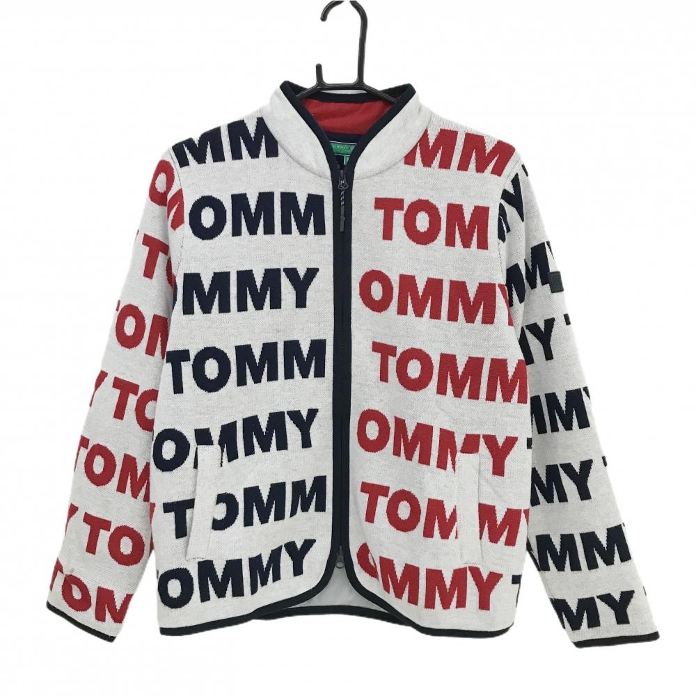 【美品】トミーヒルフィガー ニットジャケット 白×ネイビー×レッド ロゴ総柄 裏地付 レディース M ゴルフウェア Tommy Hilfiger Golf