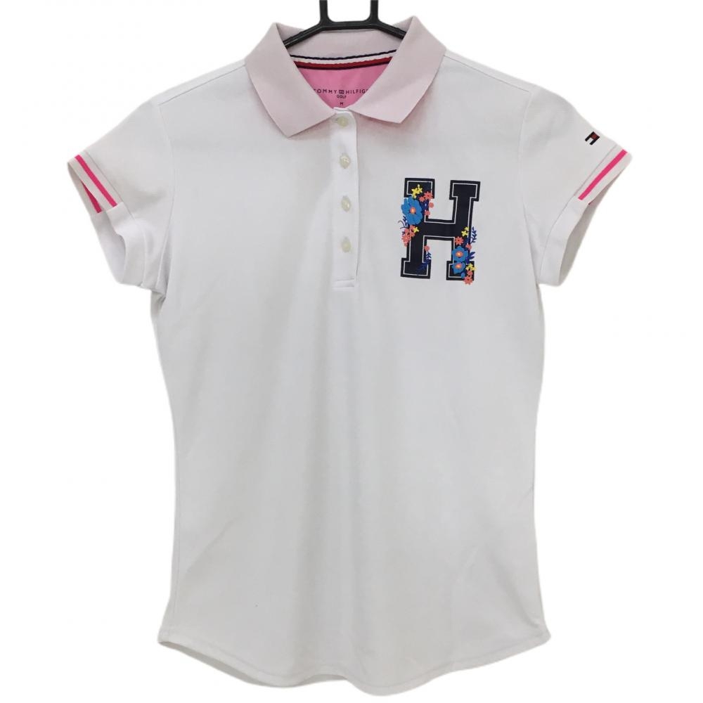 トミーヒルフィガー 半袖ポロシャツ 白×ネイビー 胸元プリント 袖ライン  レディース M ゴルフウェア Tommy Hilfiger Golf