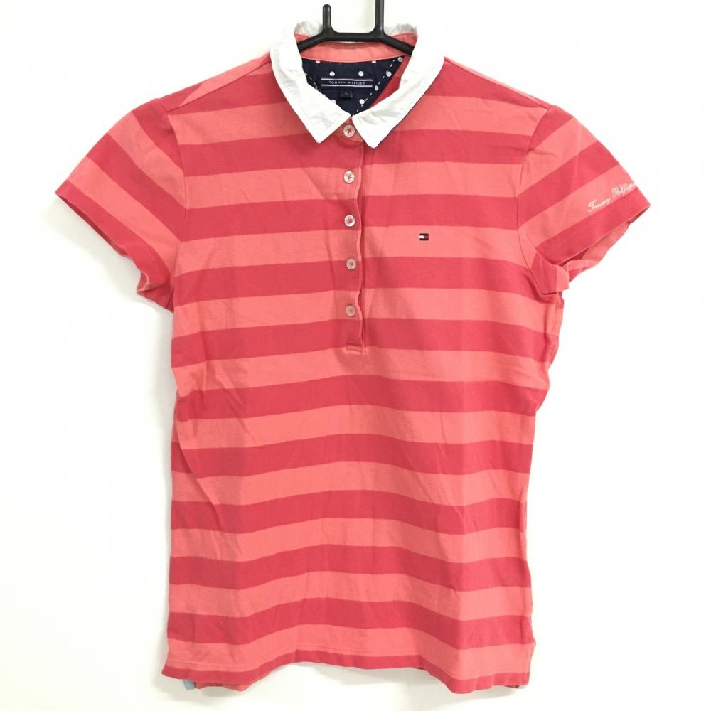トミーヒルフィガー 半袖ポロシャツ レッドピンク×ピンク ボーダー柄 ロゴ刺しゅう  レディース S ゴルフウェア Tommy Hilfiger Golf