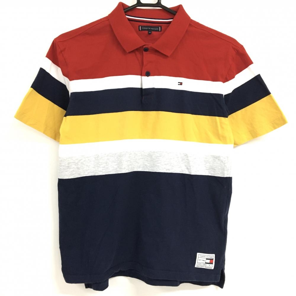 トミーヒルフィガー 半袖ポロシャツ ネイビー×レッド×イエロー 一部ボーダー レディース 164 ゴルフウェア Tommy Hilfiger Golf