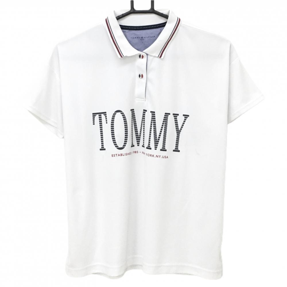 トミーヒルフィガーゴルフ 半袖ポロシャツ 白×ネイビー フロントロゴ レディース L ゴルフウェア 2023年モデル Tommy Hilfiger Golf