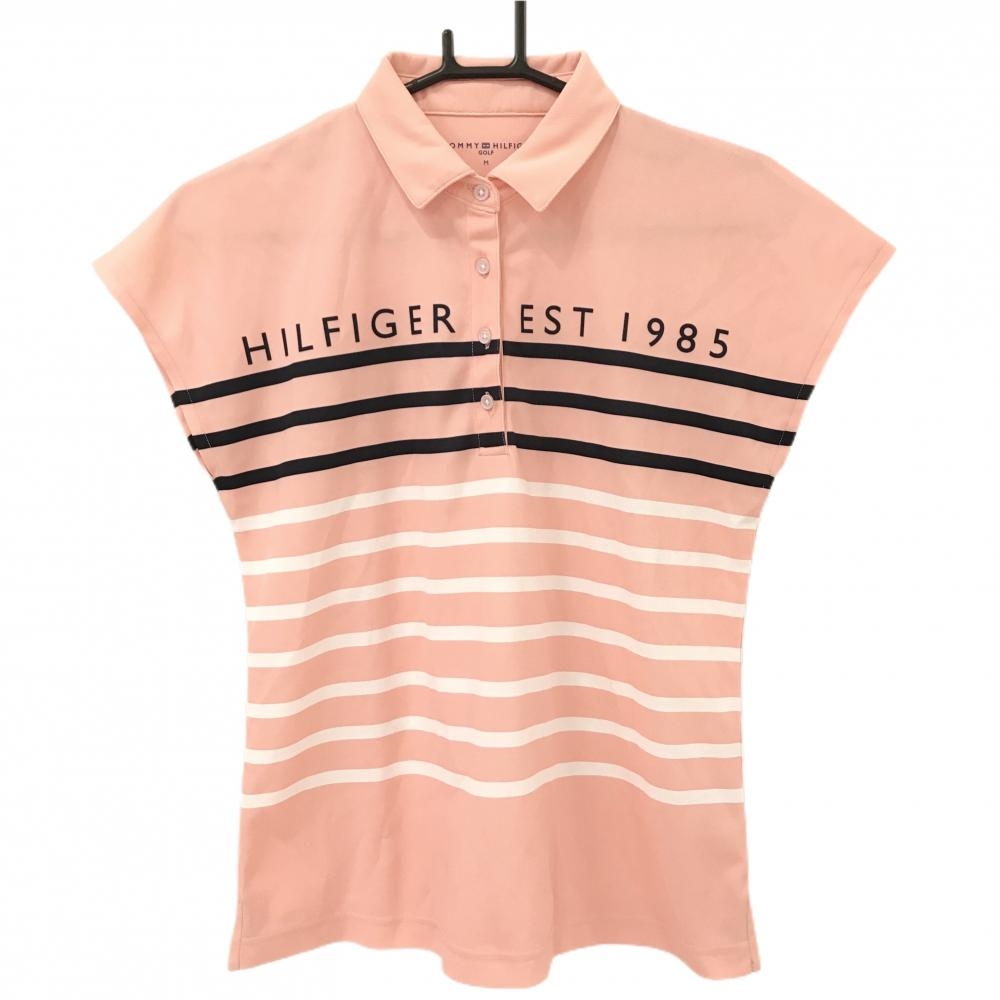トミーヒルフィガーゴルフ 半袖ポロシャツ サーモンピンク×白 一部ボーダー  レディース M ゴルフウェア Tommy Hilfiger Golf