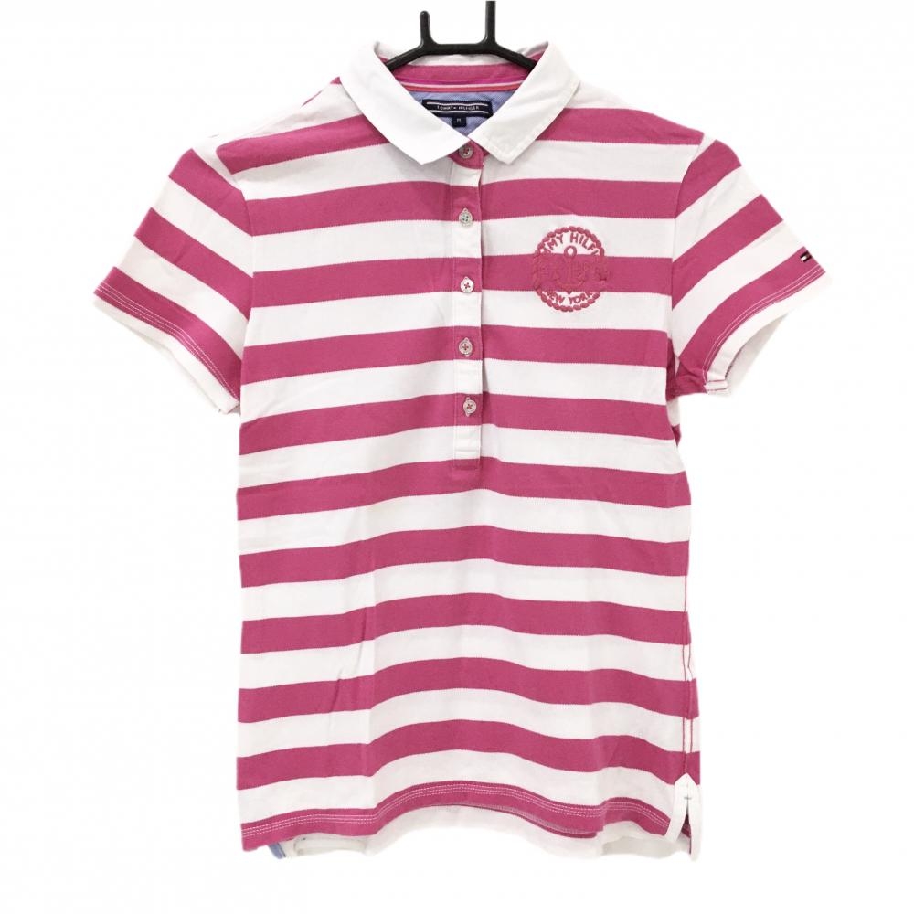 トミーヒルフィガーゴルフ 半袖ポロシャツ 白×ピンク ボーダー ロゴ刺しゅう レディース M ゴルフウェア Tommy Hilfiger Golf