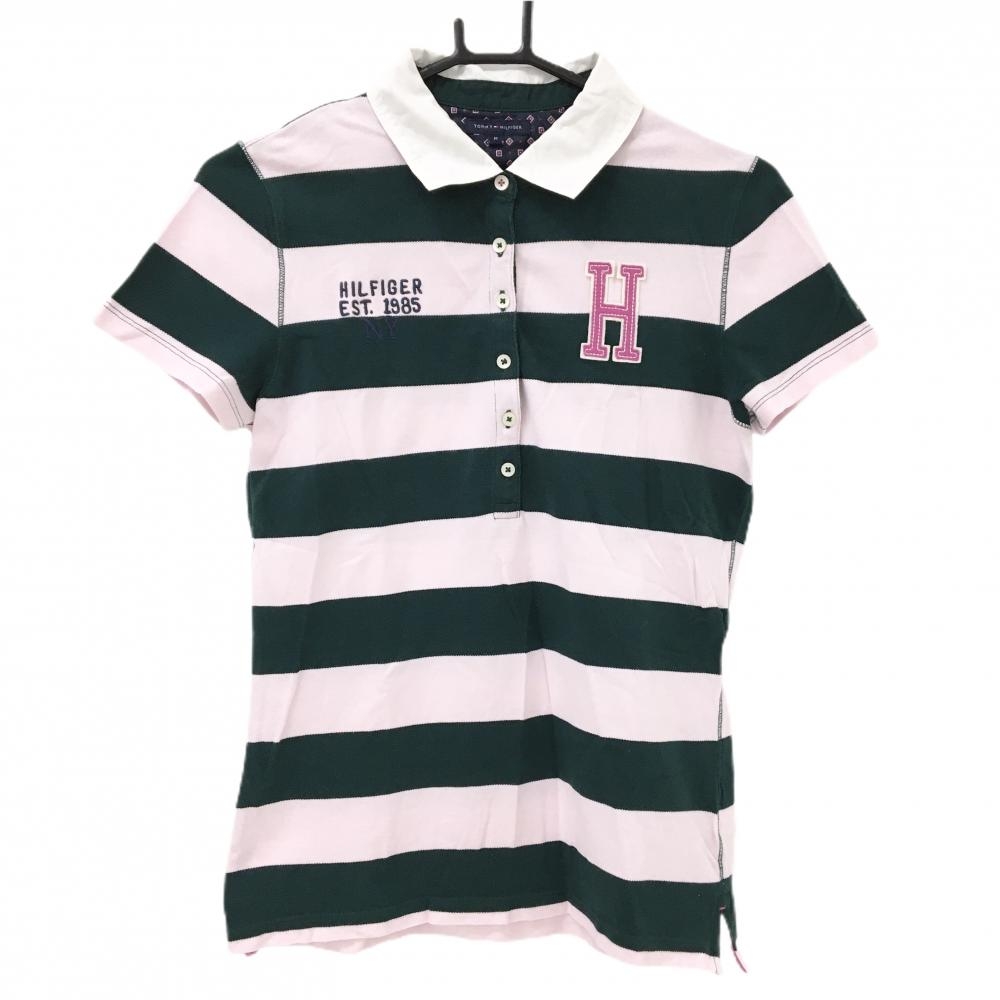【美品】トミーヒルフィガーゴルフ 半袖ポロシャツ ライトピンク×グリーン ボーダー レディース M ゴルフウェア Tommy Hilfiger Golf