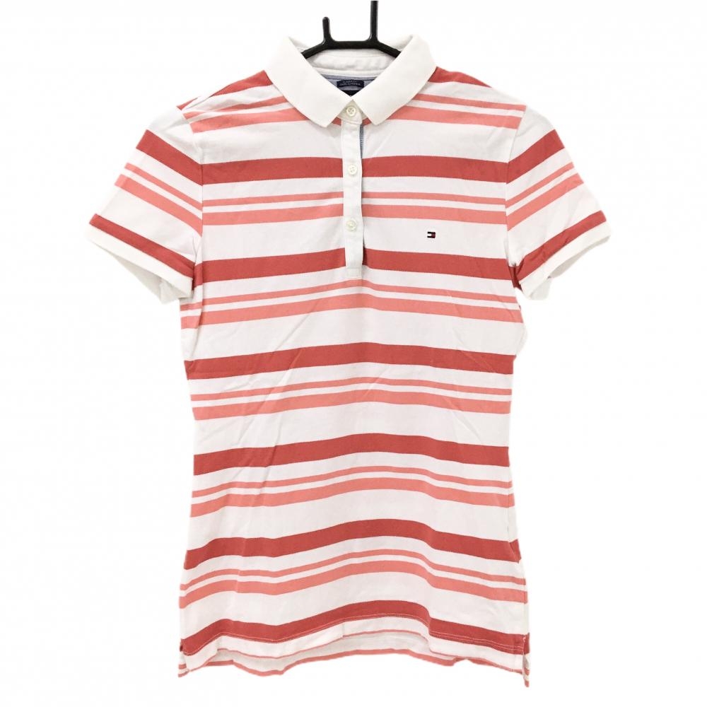 【美品】トミーヒルフィガーゴルフ 半袖ポロシャツ 白×レッド ボーダー ロゴ刺しゅう レディース S/P ゴルフウェア Tommy Hilfiger Golf