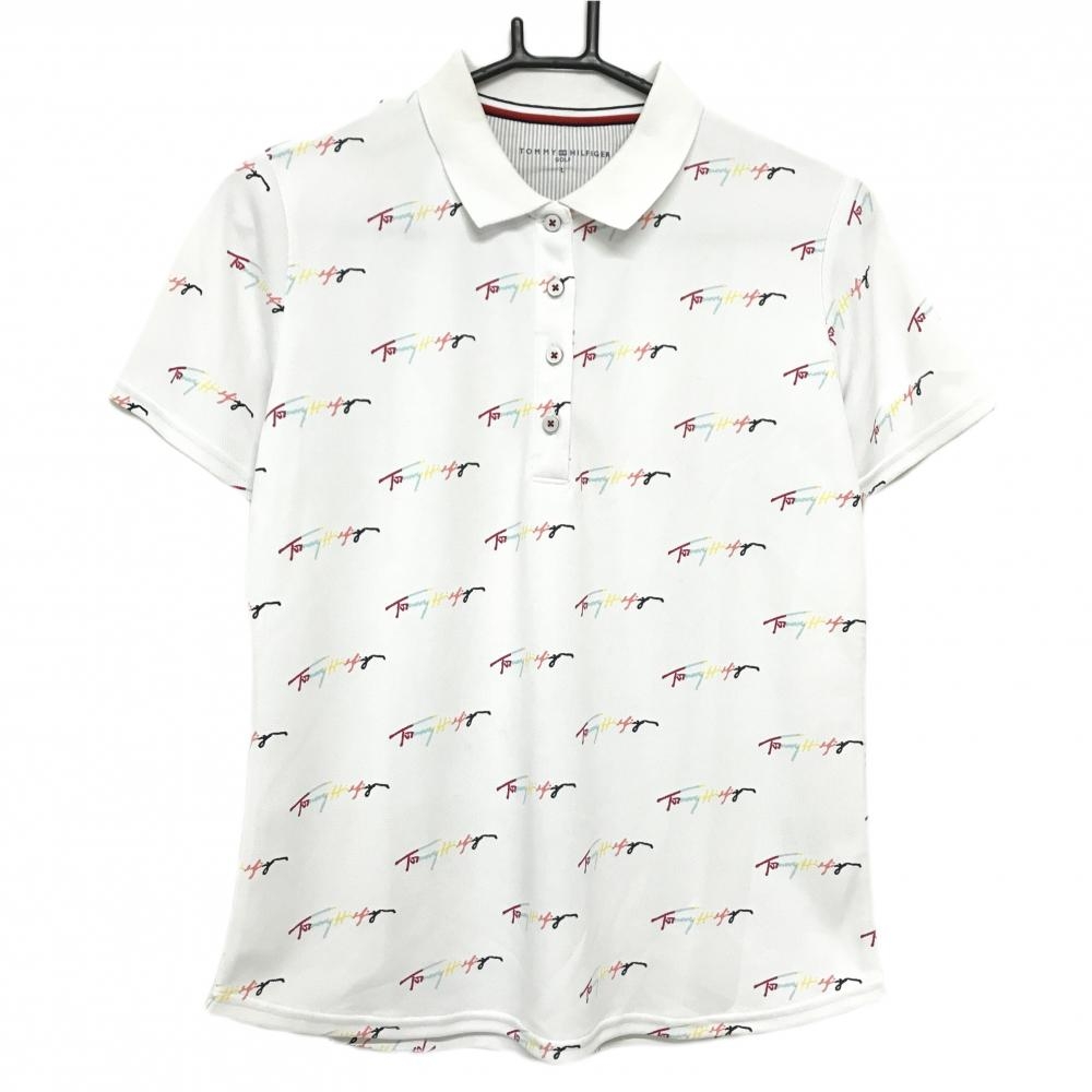 トミーヒルフィガー 半袖ポロシャツ 白×マルチカラー ロゴ総柄 レディース L ゴルフウェア Tommy Hilfiger Golf