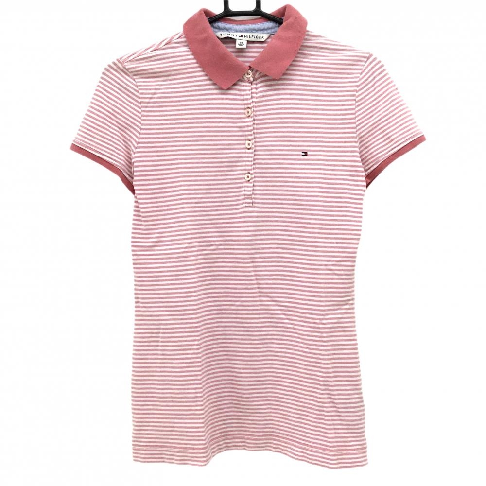トミーヒルフィガー 半袖ポロシャツ 白×ライトピンク ボーダー 胸ロゴ レディース S/P ゴルフウェア Tommy Hilfiger Golf