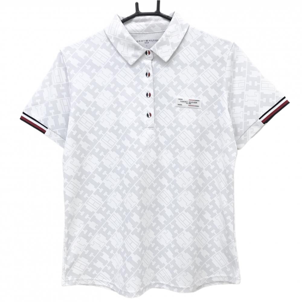 トミーヒルフィガーゴルフ 半袖ポロシャツ 白×グレー ロゴ総柄 シリコンワッペン  レディース L ゴルフウェア Tommy Hilfiger Golf