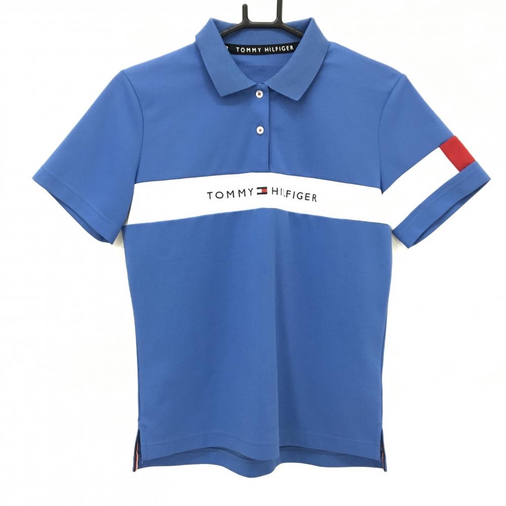 【美品】トミーヒルフィガー 半袖ポロシャツ ライトブルー×白 胸元切替ロゴ レディース L ゴルフウェア Tommy Hilfiger Golf