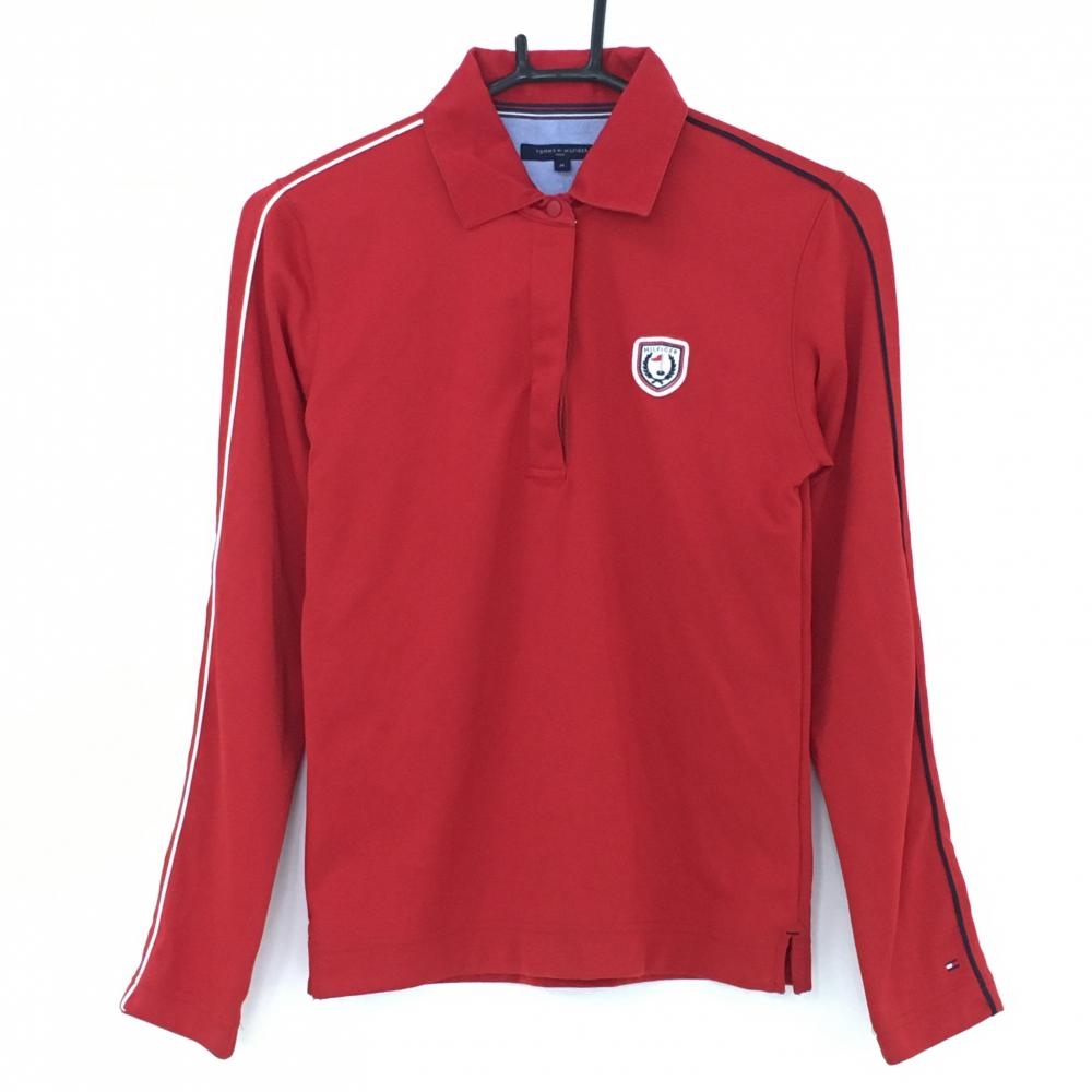 【超美品】トミーヒルフィガー 長袖ポロシャツ レッド 袖パイピングライン 胸ワッペン レディース M ゴルフウェア Tommy Hilfiger Golf
