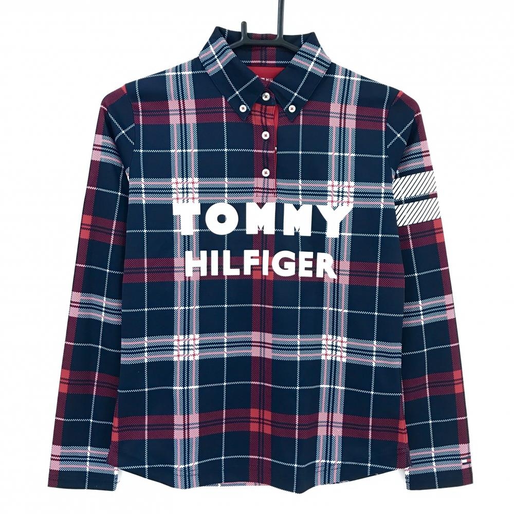 【美品】トミーヒルフィガーゴルフ 長袖ポロシャツ ダークネイビー×レッド×白  レディース S ゴルフウェア Tommy Hilfiger Golf