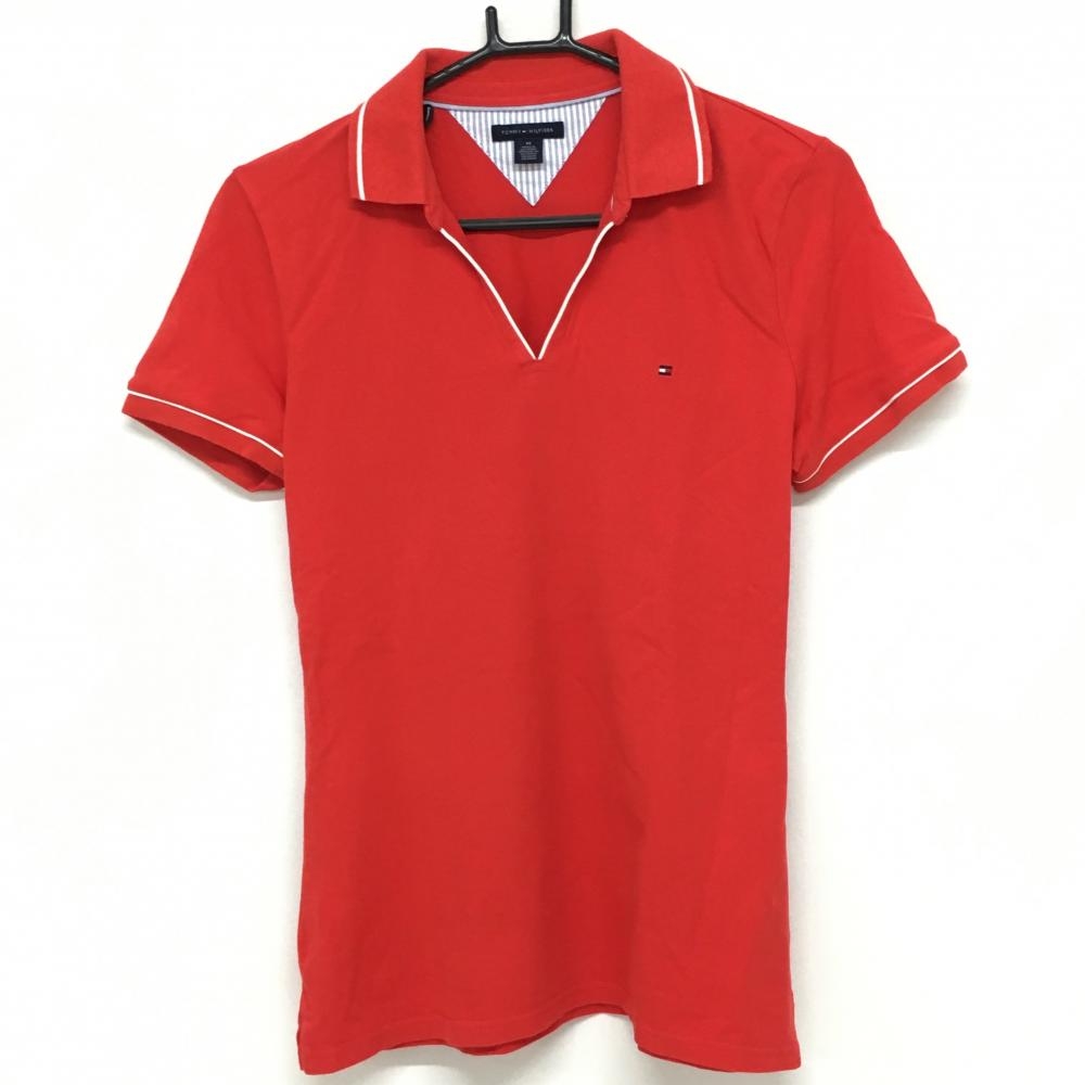 【美品】トミーヒルフィガー 半袖スキッパーシャツ レッド×白 胸元ロゴ刺しゅう レディース M ゴルフウェア Tommy Hilfiger Golf