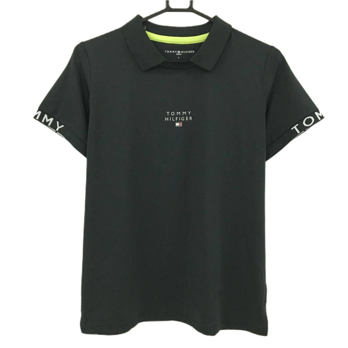 【超美品】トミーヒルフィガー 襟付半袖シャツ 黒系×白 袖口ロゴ  レディース L ゴルフウェア Tommy Hilfiger Golf
