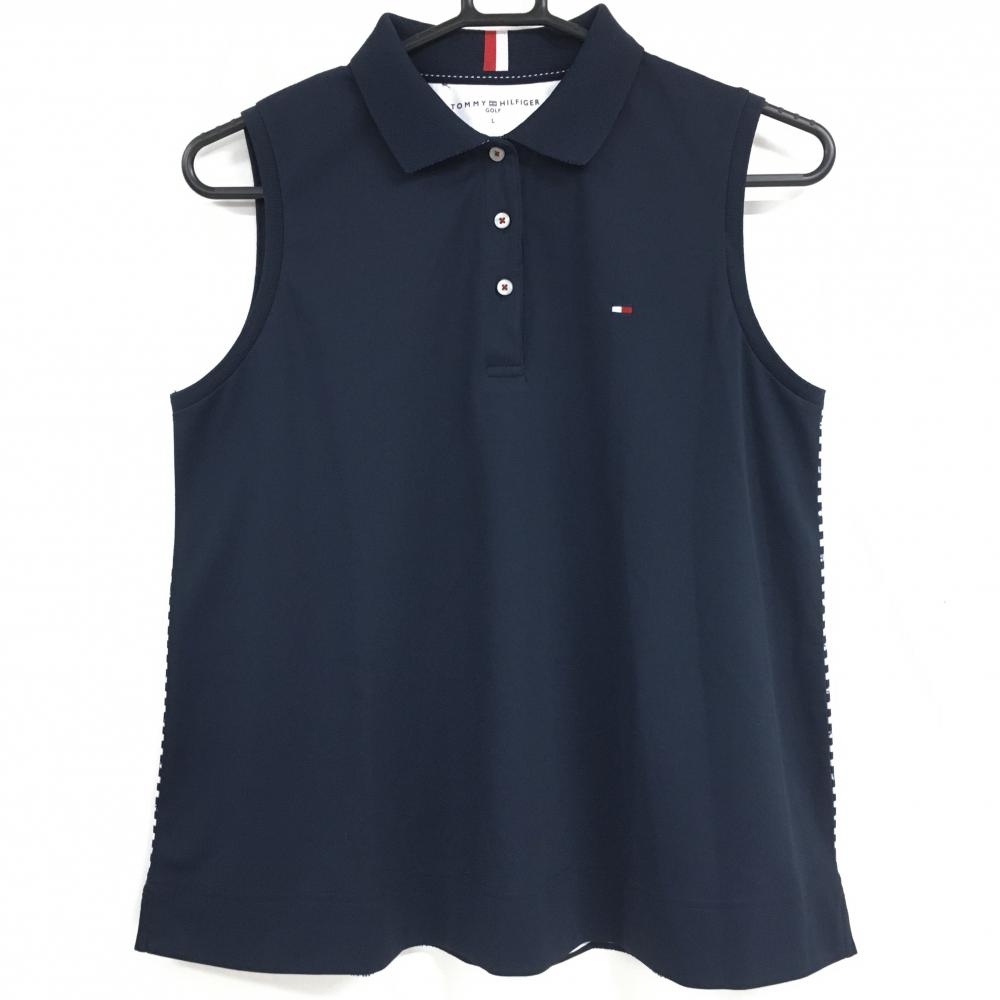 トミーヒルフィガー ノースリーブポロシャツ ネイビー×白 バックボーダー ロゴ刺しゅう レディース L ゴルフウェア Tommy Hilfiger Golf