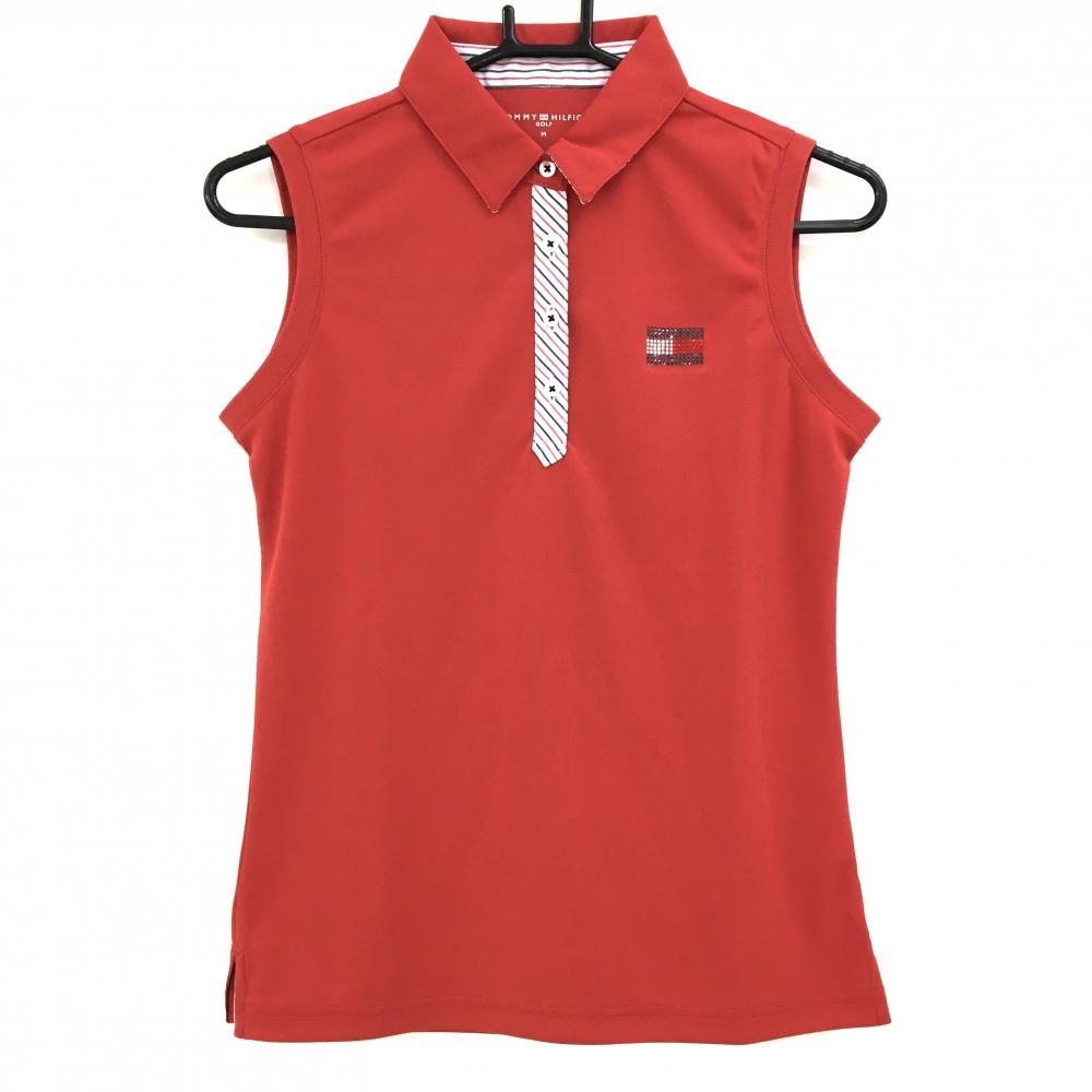 【超美品】トミーヒルフィガーゴルフ ノースリーブポロシャツ レッド×白  レディース M ゴルフウェア Tommy Hilfiger Golf