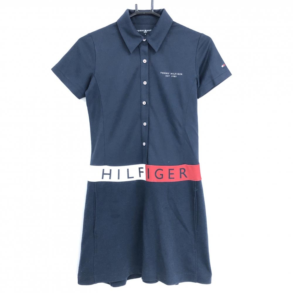 トミーヒルフィガー 半袖ポロワンピース ネイビー×白 袖ロゴ刺しゅう レディース S ゴルフウェア Tommy Hilfiger Golf