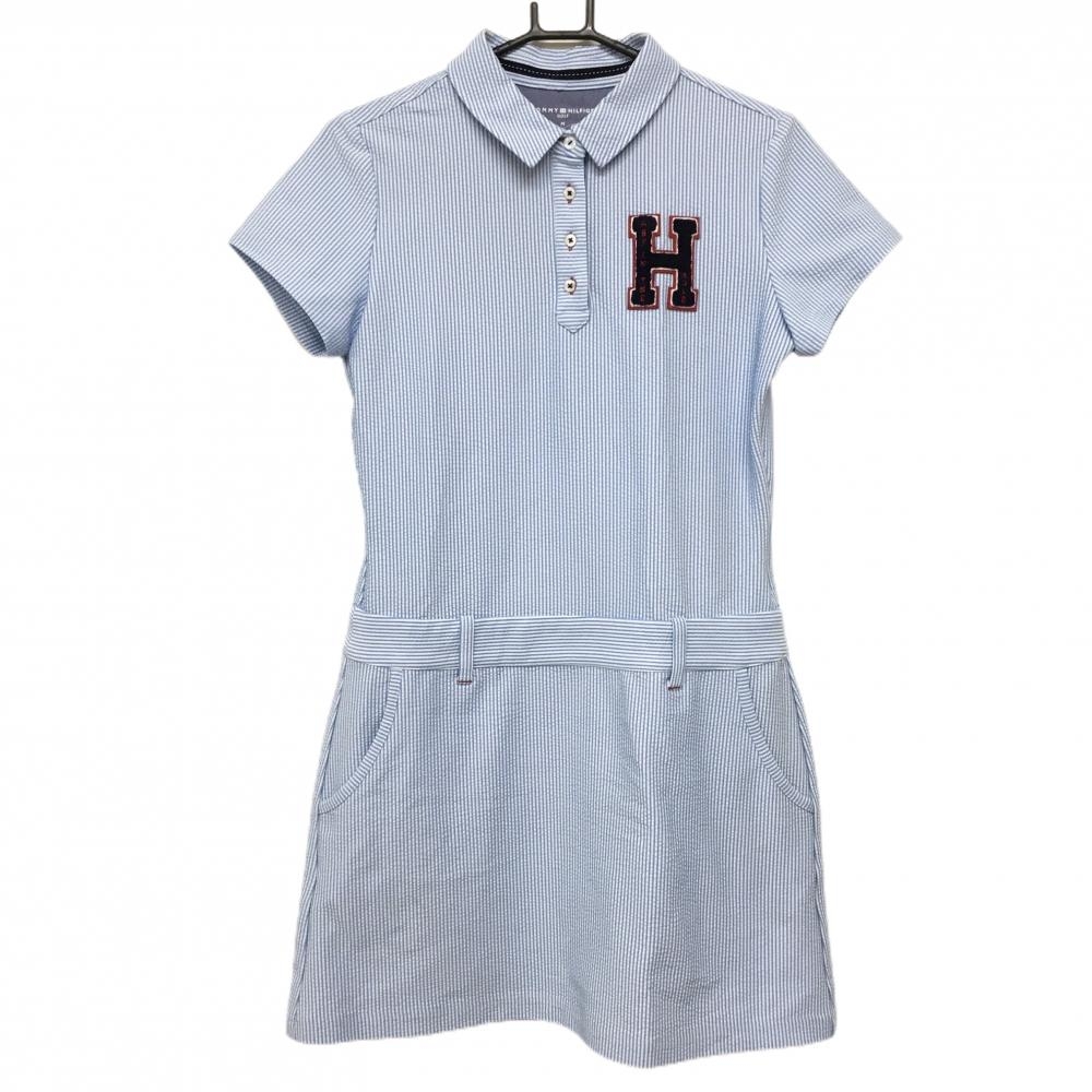 【美品】トミーヒルフィガーゴルフ 半袖ポロワンピース ライトブルー×白 ストライプ  レディース M ゴルフウェア Tommy Hilfiger Golf