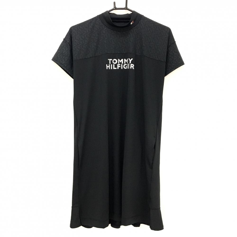 【超美品】トミーヒルフィガーゴルフ 半袖ハイネックワンピース 黒 ロゴ白  レディース M ゴルフウェア 2023年モデル Tommy Hilfiger Golf