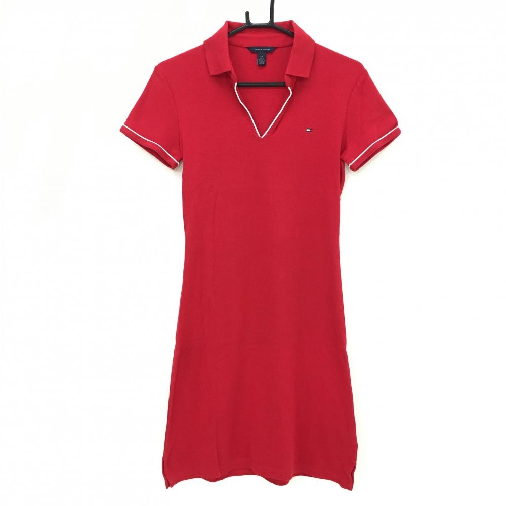 【美品】トミーヒルフィガー 半袖スキッパーワンピース レッド×白 ロゴ刺しゅう レディース S/P ゴルフウェア Tommy Hilfiger Golf