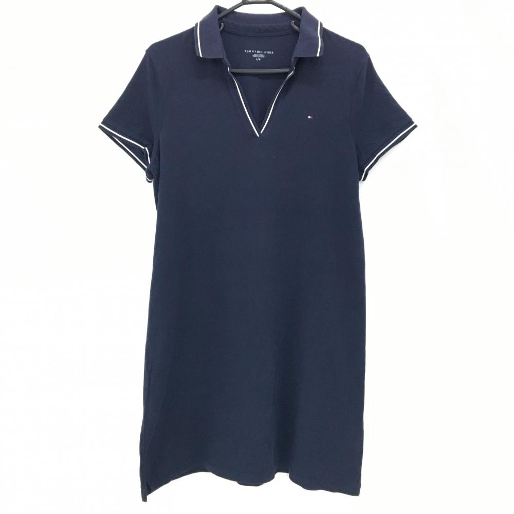 トミーヒルフィガー 半袖スキッパーワンピース ダークネイビー×白 ロゴ刺しゅう レディース L/G ゴルフウェア Tommy Hilfiger Golf