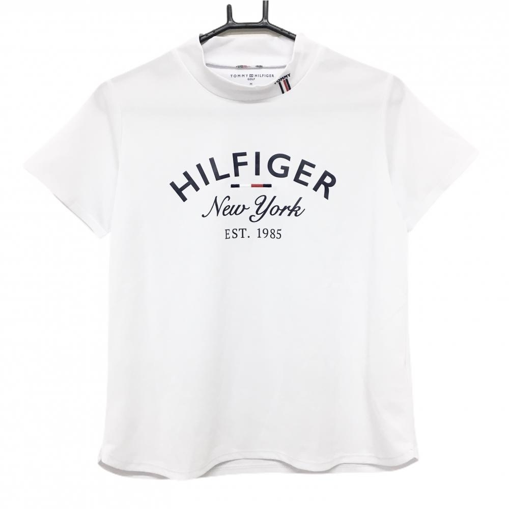 【超美品】トミーヒルフィガー 半袖ハイネックシャツ 白 ロゴネイビー ストレッチ レディース M ゴルフウェア Tommy Hilfiger Golf