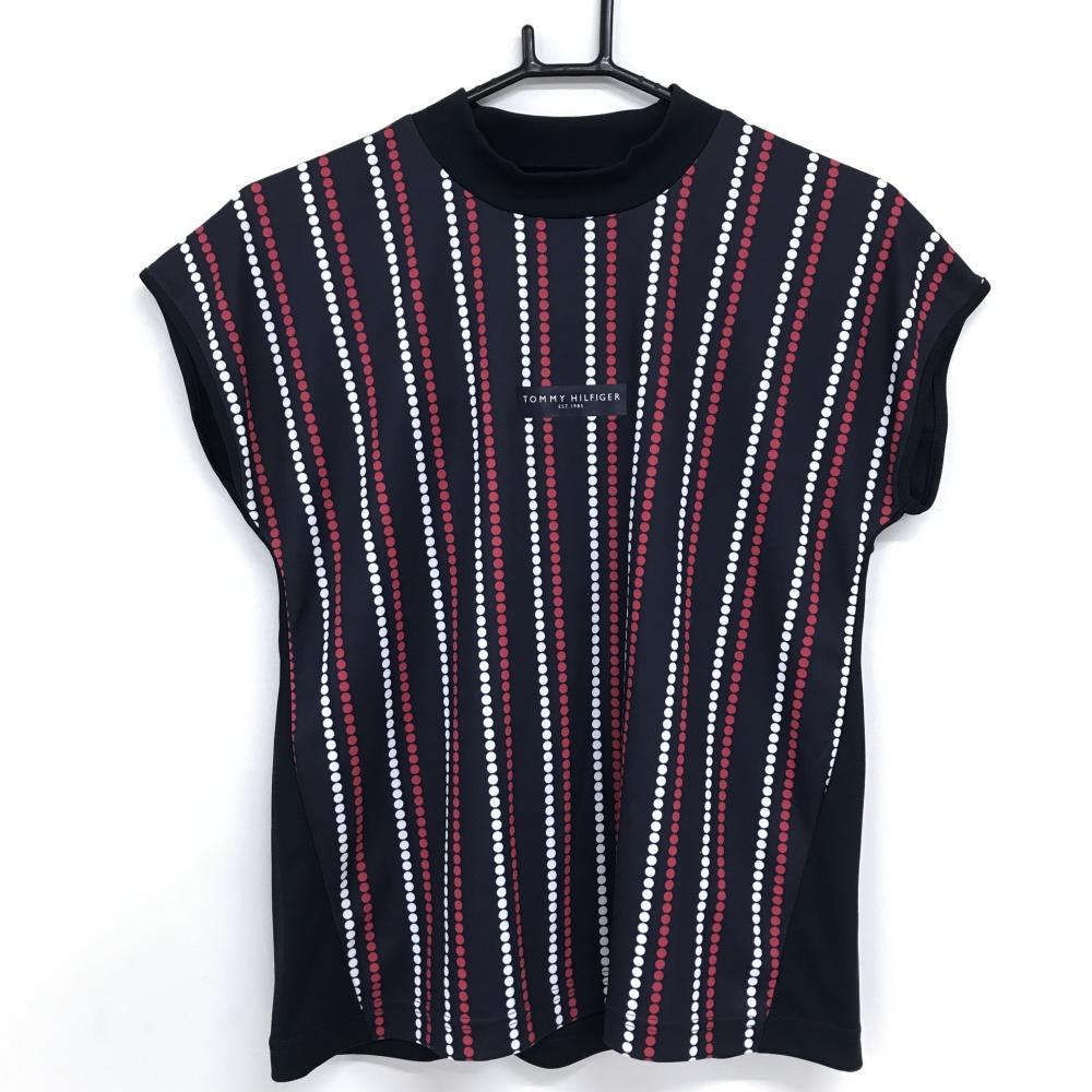 【美品】トミーヒルフィガーゴルフ 半袖ハイネックシャツ ネイビー×レッド 前総柄 レディース M ゴルフウェア Tommy Hilfiger Golf