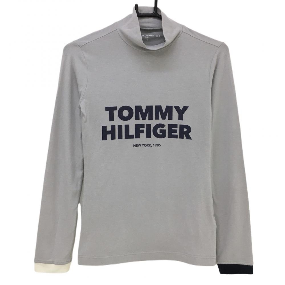 【美品】トミーヒルフィガー 長袖ハイネックシャツ グレー×ネイビー ロゴプリント  レディース S ゴルフウェア Tommy Hilfiger Golf
