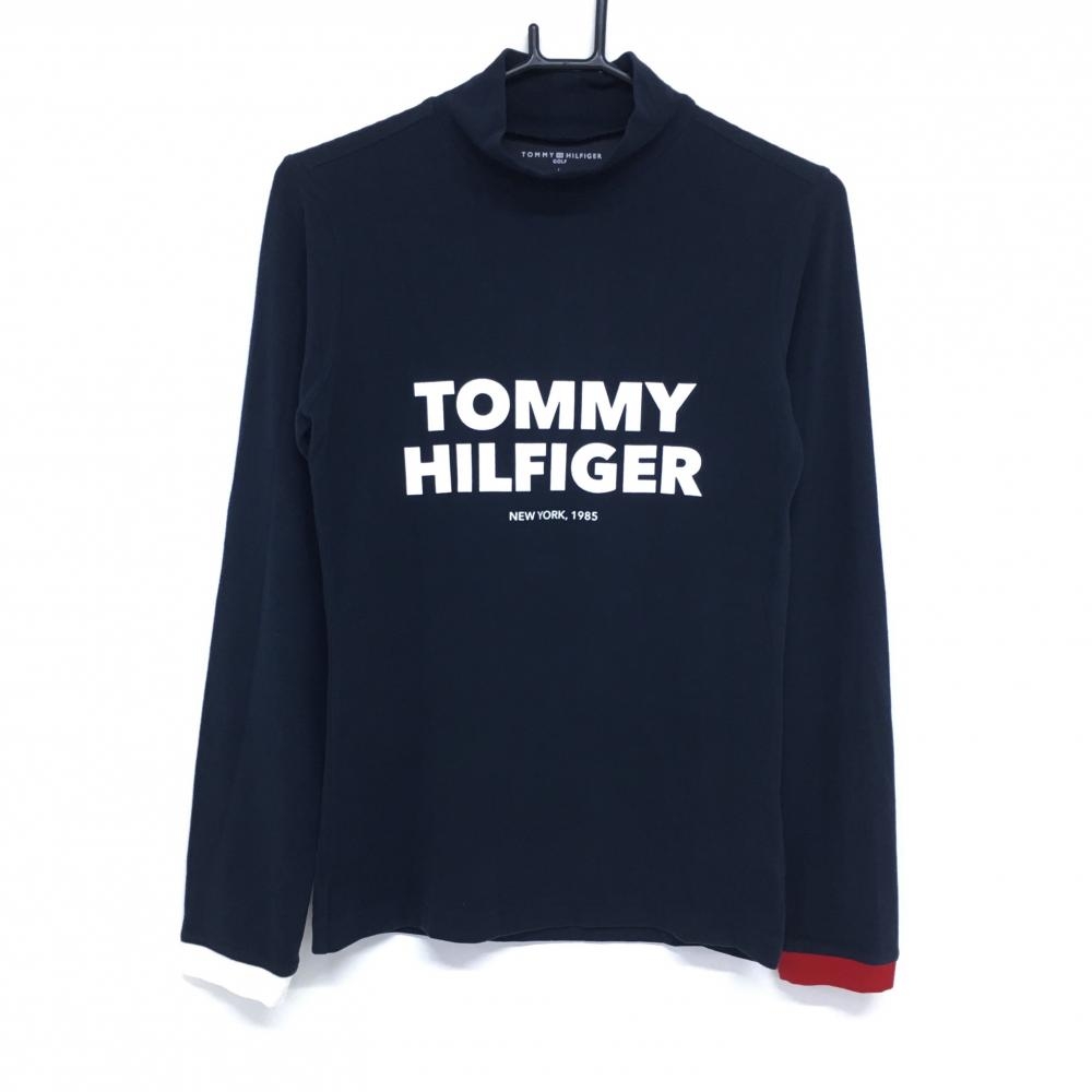 トミーヒルフィガー 長袖ハイネックシャツ ネイビー×白 ロゴプリント 表微起毛 レディース L ゴルフウェア Tommy Hilfiger Golf 画像