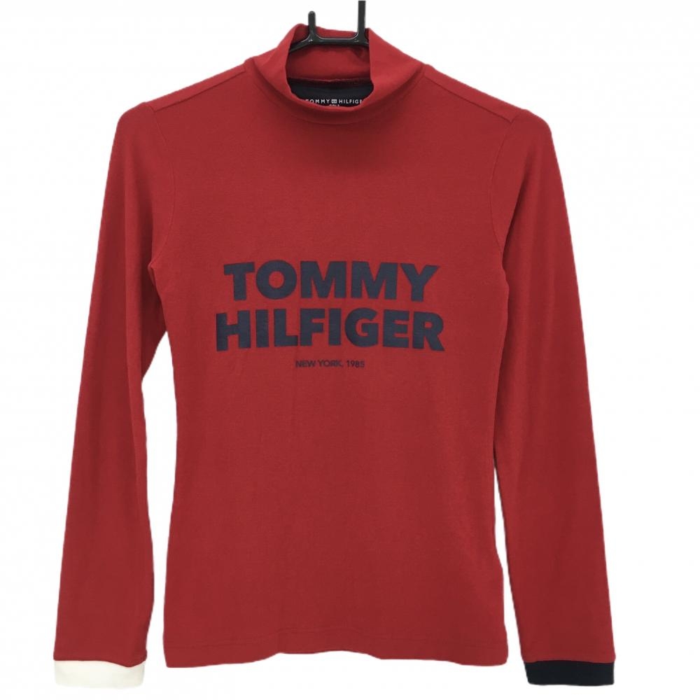 【超美品】トミーヒルフィガーゴルフ 長袖ハイネックシャツ レッド×ネイビー 表微起毛 レディース S ゴルフウェア Tommy Hilfiger Golf