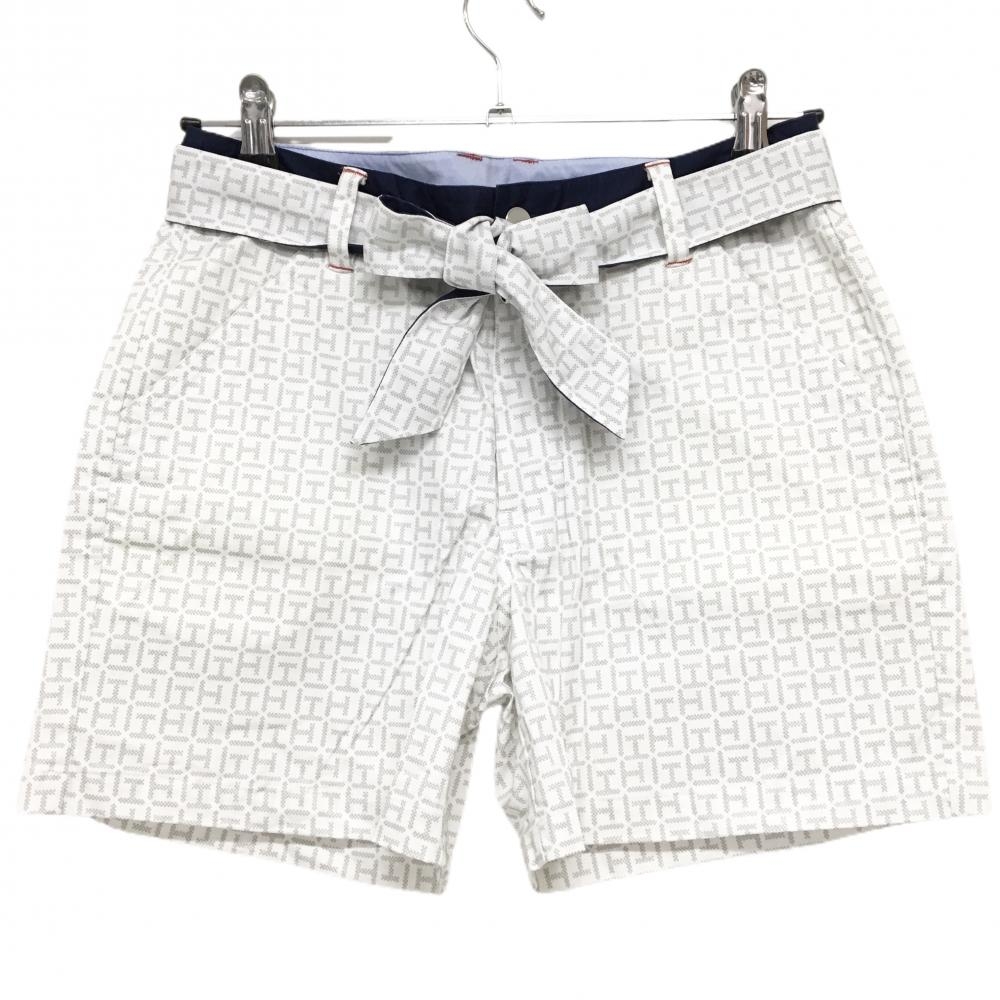 【超美品】トミーヒルフィガー ショートパンツ 白×ネイビー 総柄 ストレッチ リボン付き レディース M ゴルフウェア Tommy Hilfiger Golf