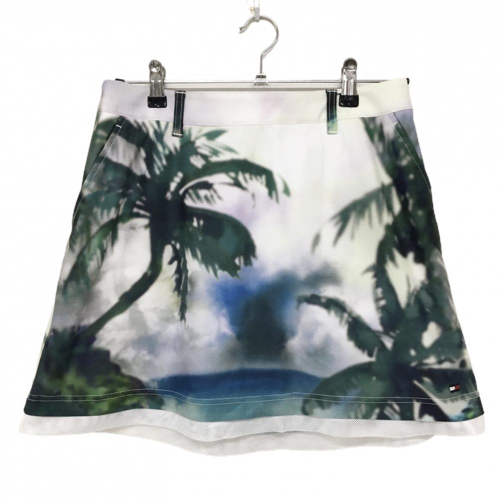 【新品】トミーヒルフィガーゴルフ スカート 白×グリーン系 総柄 ヤシの木 メッシュ調 レディース LL ゴルフウェア Tommy Hilfiger Golf
