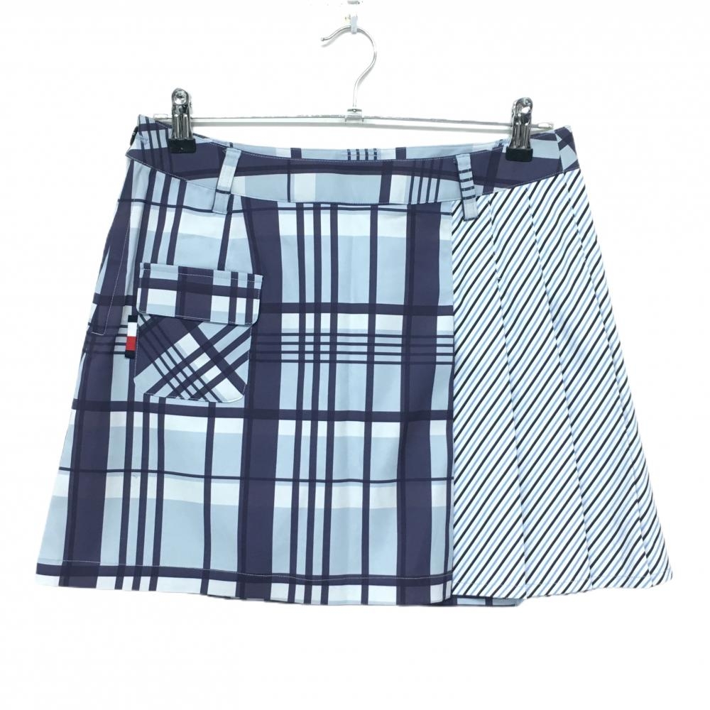 【超美品】トミーヒルフィガーゴルフ スカート ライトブルー×ネイビー 一部チェック  レディース L ゴルフウェア Tommy Hilfiger Golf