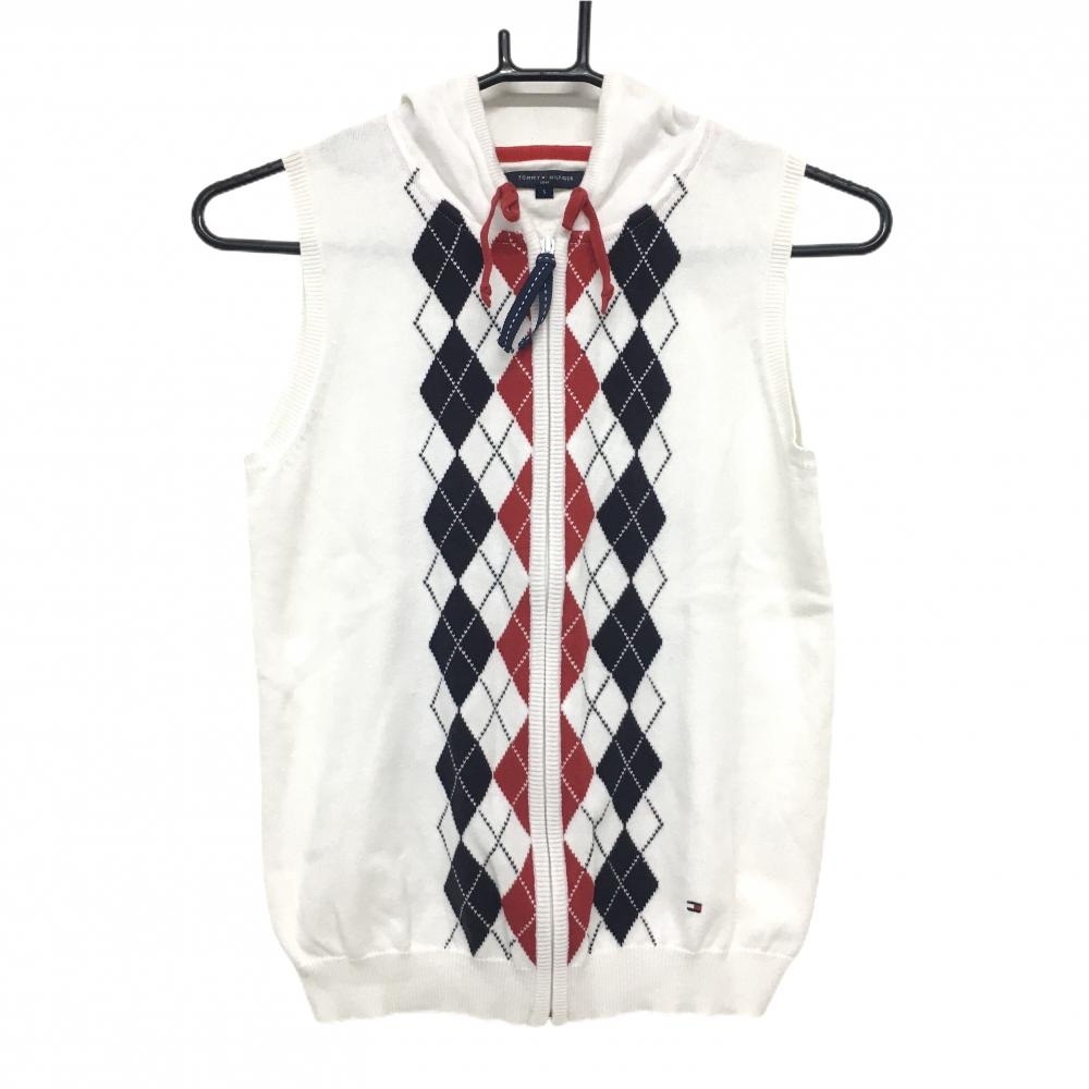 トミーヒルフィガー フード付ニットベスト 白×ネイビー×レッド 前アーガイル パーカー レディース S ゴルフウェア Tommy Hilfiger Golf
