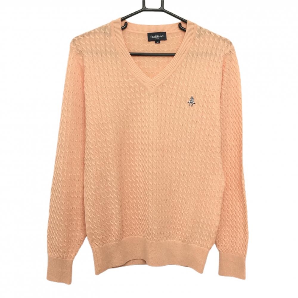 【超美品】ポールスチュアートスポーツ セーター サーモンオレンジ ケーブル編み風 Vネック メンズ M ゴルフウェア Paul Stuart SPORT